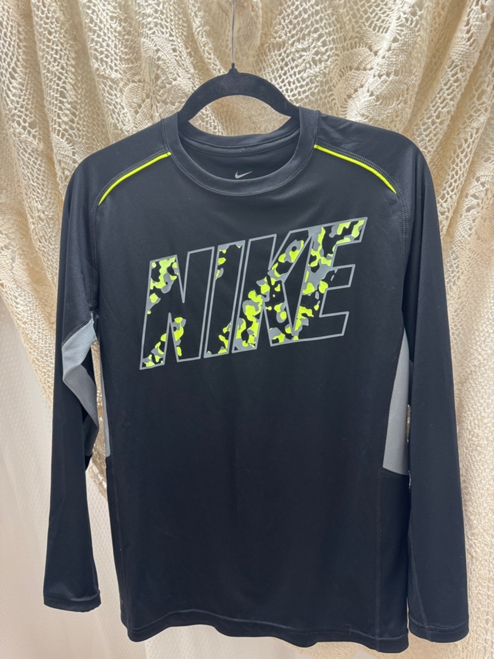 Nike Boys Black Long Sleeved Shirt with Green/Gray Painted Swoosh